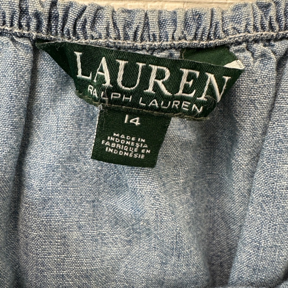 Lauren Ralph Lauren Chambray Off The Shoulder Smocked Tiered Midi Dress Blue 14 - Picture 4 of 8
